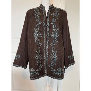 Silk Land Womens 2X Brown Embroidered Floral Jacket Mandarin Collar Button Front